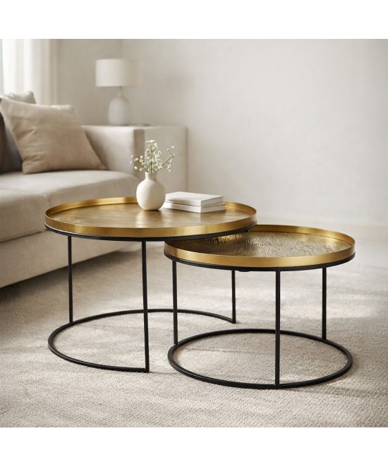 TOTALE COFFEE TABLE SET 2ΤΕΜ BRASS ANTIQUE ΜΑΥΡΟ D76/61xH43,5/39cm