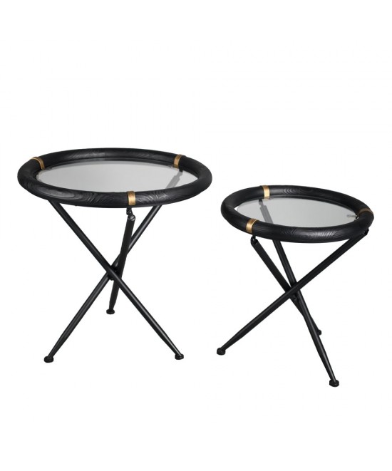 COLOMBO SIDE TABLE SET 2ΤΕΜ ΜΑΥΡΟ ΧΡΥΣΟ 64x64x64cm