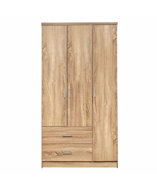 Ντουλάπα ρούχων τρίφυλλη REAL με 2 συρτάρια, 4 ράφια & κρέμαστρα χρώμα sonoma 90x42.5x180.5 εκ.