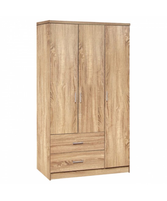 Ντουλάπα ρούχων τρίφυλλη REAL με 2 συρτάρια, 4 ράφια & κρέμαστρα χρώμα sonoma 90x42.5x180.5 εκ.