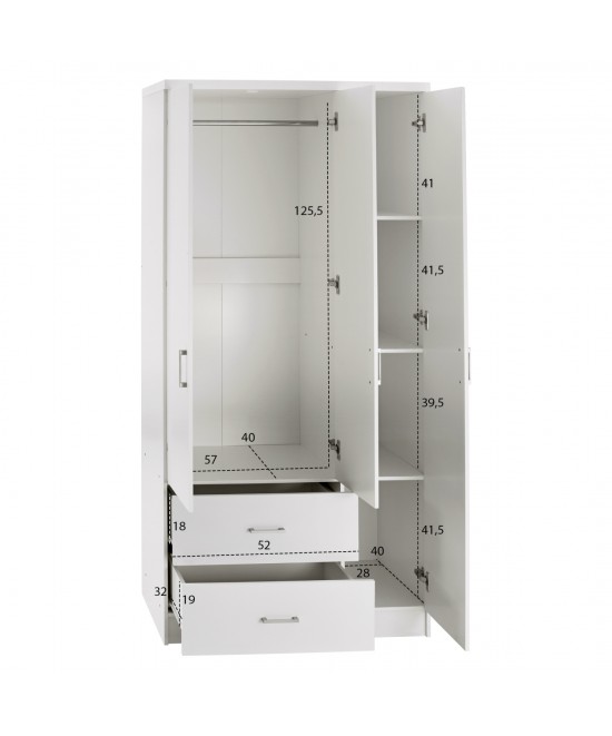 Ντουλάπα ρούχων τρίφυλλη REAL με 2 συρτάρια, 4 ράφια & κρέμαστρα χρώμα λευκό 90x42.5x180.5 εκ.