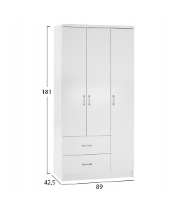 Ντουλάπα ρούχων τρίφυλλη REAL με 2 συρτάρια, 4 ράφια & κρέμαστρα χρώμα λευκό 90x42.5x180.5 εκ.