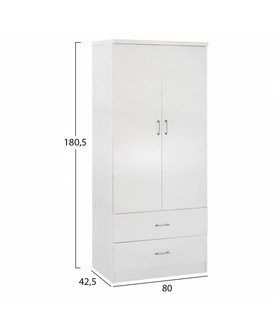 Ντουλάπα ρούχων δίφυλλη REAL με 2 συρτάρια χρώμα λευκό 80x42.5x180.5