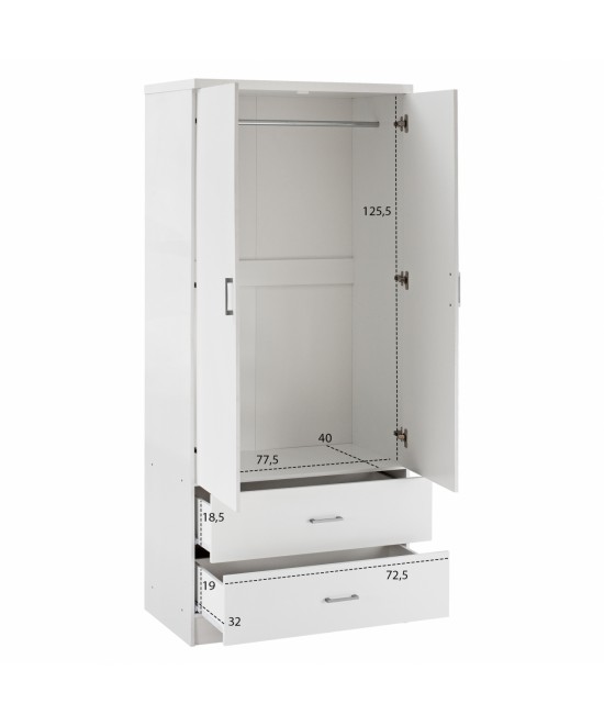 Ντουλάπα ρούχων δίφυλλη REAL με 2 συρτάρια χρώμα λευκό 80x42.5x180.5