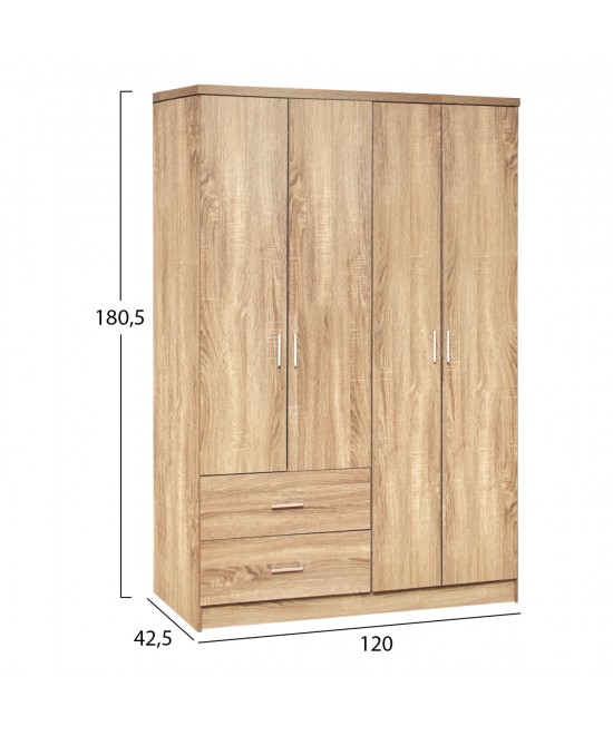 Ντουλάπα ρούχων τετράφυλλη REAL με 2 συρτάρια, 4 ράφια & κρεμάστρα χρώμα sonoma 120x42.5x180.5