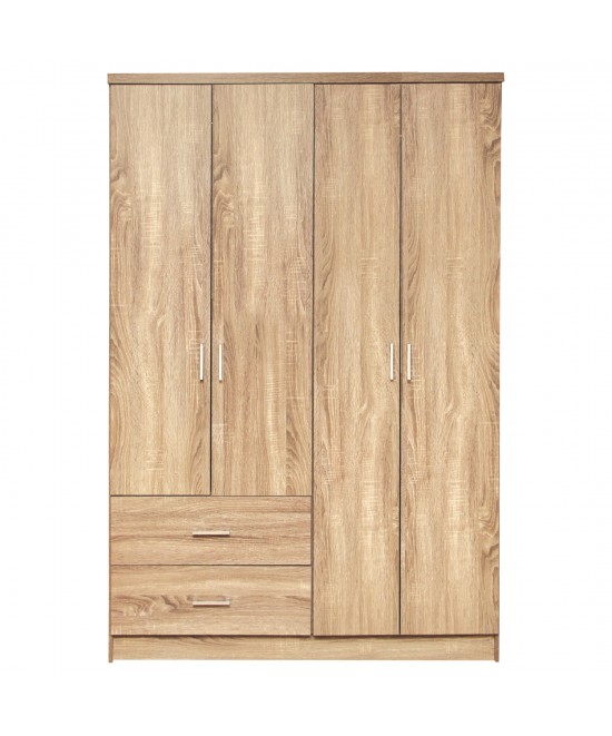 Ντουλάπα ρούχων τετράφυλλη REAL με 2 συρτάρια, 4 ράφια & κρεμάστρα χρώμα sonoma 120x42.5x180.5