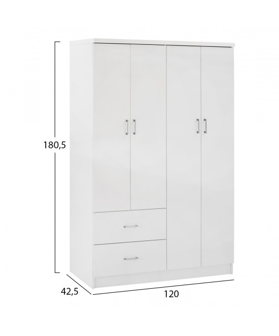 Ντουλάπα ρούχων τετράφυλλη REAL με 2 συρτάρια, 4 ράφια & κρεμάστρα χρώμα λευκό 120x42.5x180.5