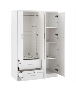 Ντουλάπα ρούχων τετράφυλλη REAL με 2 συρτάρια, 4 ράφια & κρεμάστρα χρώμα λευκό 120x42.5x180.5