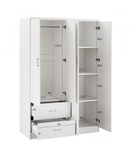 Ντουλάπα ρούχων τετράφυλλη REAL με 2 συρτάρια, 4 ράφια & κρεμάστρα χρώμα λευκό 120x42.5x180.5