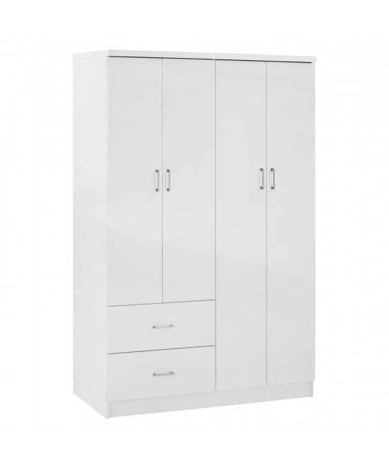 Ντουλάπα ρούχων τετράφυλλη REAL με 2 συρτάρια, 4 ράφια & κρεμάστρα χρώμα λευκό 120x42.5x180.5