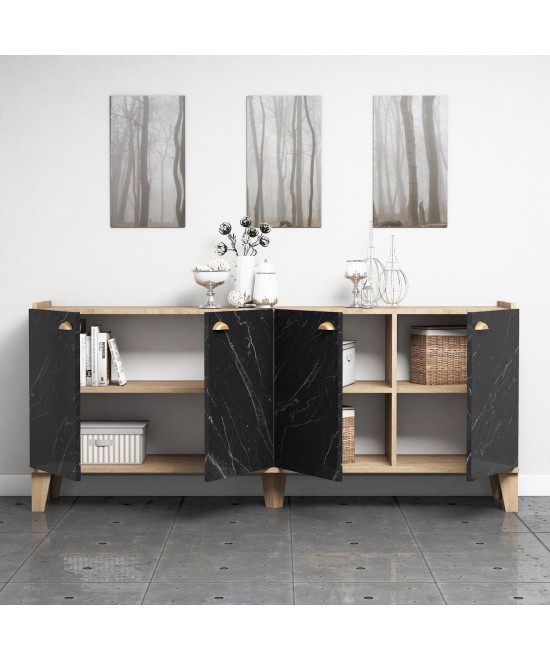 ΜΠΟΥΦΕΣ ΜΕΛΑΜΙΝΗΣ HM9045.01 NATURAL WOOD - ΜΑΥΡΟ ΜΑΡΜΑΡΟ 180x41x77,8Y εκ.