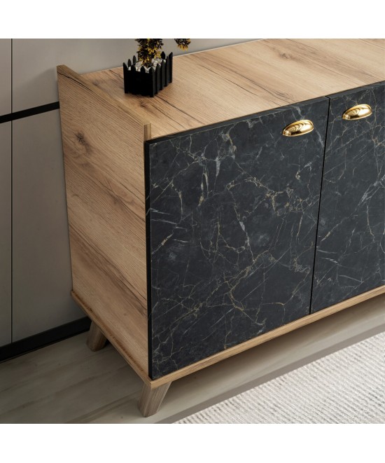 ΜΠΟΥΦΕΣ ΜΕΛΑΜΙΝΗΣ HM9045.01 NATURAL WOOD - ΜΑΥΡΟ ΜΑΡΜΑΡΟ 180x41x77,8Y εκ.
