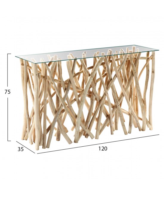 ΚΟΝΣΟΛΑ ΣΕ ΡΟΥΣΤΙΚ ΣΤΥΛ ΜΑΣΙΦ ΞΥΛΟ ΤEAK & ΓΥΑΛΙ ΦΥΣΙΚΟ 120X35X75Yεκ.HM9373