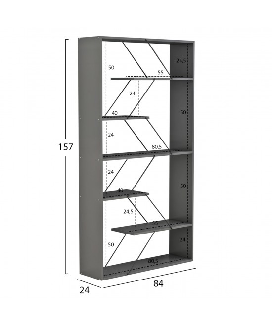 ΒΙΒΛΙΟΘΗΚΗ TARS HM2240.20 ΓΚΡΙ ΜΕΛΑΜΙΝΗ-ΜΑΥΡΕΣ ΜΕΤΑΛΛΙΚΕΣ ΒΕΡΓΕΣ 84x24x157Υεκ.