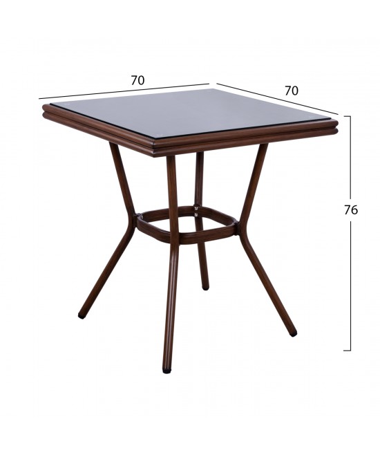 ΤΡΑΠΕΖΙ ΑΛΟΥΜΙΝΙΟΥ HARLOW 70X70X76Υ ΜΕ ΟΨΗ BAMBOO HM5568.03 ΚΑΦΕ ΜΕ ΓΥΑΛΙ