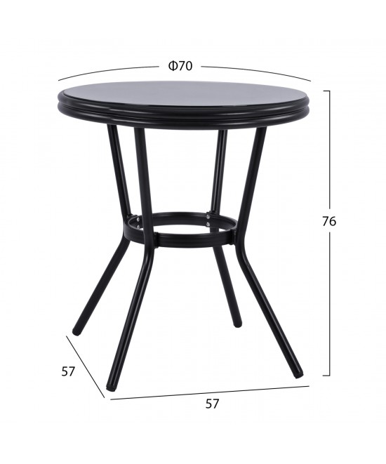 ΤΡΑΠΕΖΙ ΑΛΟΥΜΙΝΙΟΥ MOSES Φ70 BAMBOO LOOK HM5532.02 ΜΑΥΡΟ ΜΕ ΓΥΑΛΙ Φ70X76 εκ