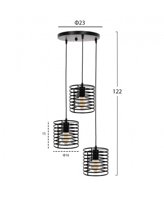 ΦΩΤΙΣΤΙΚΟ ΟΡΟΦΗΣ ΚΡΕΜΑΣΤΟ HM4091 3 ΜΑΥΡΟΙ ΜΕΤΑΛΛΙΚΟΙ ΚΥΛΙΝΔΡΟΙ Φ23x122Υεκ.