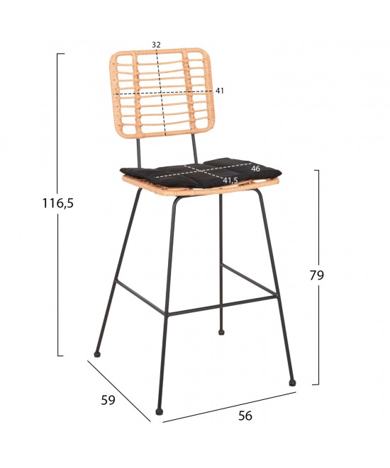 ΣΚΑΜΠΟ ΜΠΑΡ ALLEGRA HM5455.11 ΜΕΤΑΛΛΟ&ΜΑΞΙΛΑΡΙ ΜΑΥΡΟ-WICKER ΜΠΕΖ 56x59x116,5Υεκ.