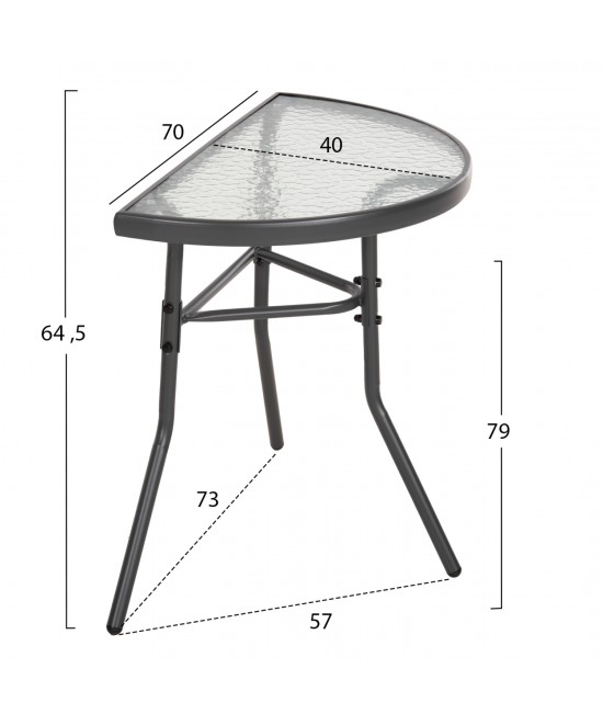 ΤΡΑΠΕΖΙ ΗΜΙΚΥΚΛΙΚΟ LIMA HM5967.01 ΜΕΤΑΛΛΙΚΟ ΓΚΡΙ ΜΕ ΓΥΑΛΙΝΟ TOP 70x40x64,5Υεκ.