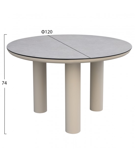 ΤΡΑΠΕΖΙ ΑΛΟΥΜΙΝΙΟΥ DOSUN HM6201.02 ΚΡΕΜ ΣΚΕΛΕΤΟΣ-3D PRINT ΓΥΑΛΙ-ΚΕΡΑΜΙΚΟ LOOK Φ120εκ