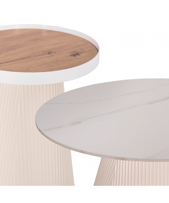 ΣΕΤ 2ΤΜΧ ΤΡΑΠΕΖΙΑ ΣΑΛΟΝΙΟΥ DUNCAN HM21082 MDF ΚΡΕΜ ΚΑΙ ΚΕΡΑΜΙΚΟ TOP Φ80εκ & Φ45εκ