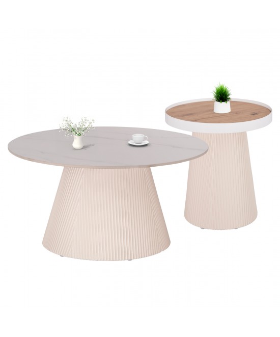 ΣΕΤ 2ΤΜΧ ΤΡΑΠΕΖΙΑ ΣΑΛΟΝΙΟΥ DUNCAN HM21082 MDF ΚΡΕΜ ΚΑΙ ΚΕΡΑΜΙΚΟ TOP Φ80εκ & Φ45εκ
