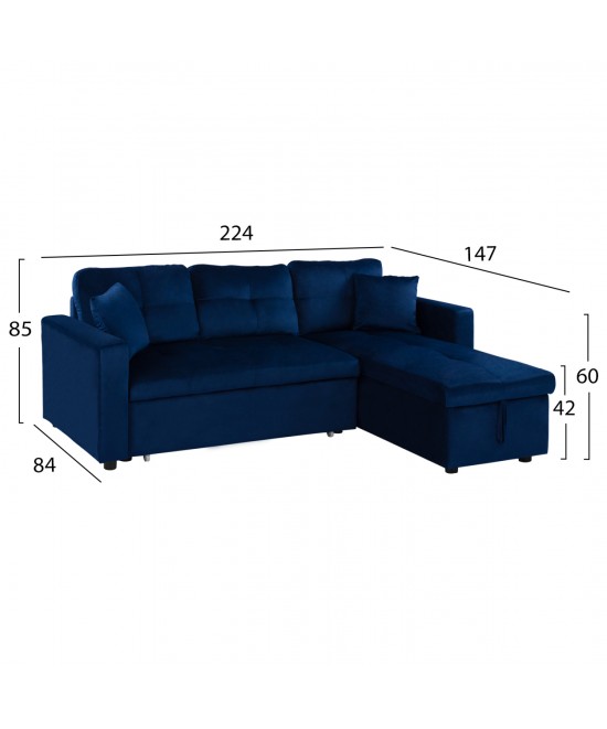 ΚΑΝΑΠΕΣ ΓΩΝΙΑ ΚΡΕΒΑΤΙ WAYNE 224x147x85Υεκ. HM3028.18 ΒΕΛΟΥΔΟ ΜΠΛΕ
