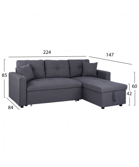 ΚΑΝΑΠΕΣ ΓΩΝΙΑ ΚΡΕΒΑΤΙ WAYNE 224x147x85Υεκ. HM3028.11 ΓΚΡΙ ΥΦΑΣΜΑ