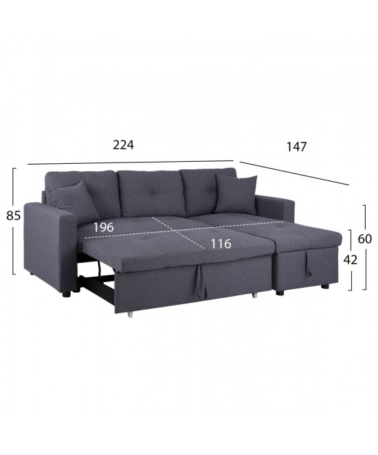 ΚΑΝΑΠΕΣ ΓΩΝΙΑ ΚΡΕΒΑΤΙ WAYNE 224x147x85Υεκ. HM3028.11 ΓΚΡΙ ΥΦΑΣΜΑ