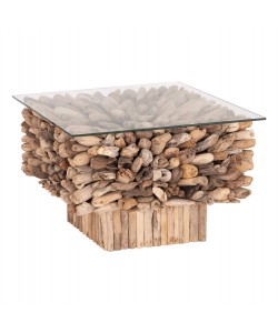 ΤΡΑΠΕΖΙ ΣΑΛΟΝΙΟΥ ΤΕΤΡΑΓΩΝΟ SPARROW HM9961 DRIFTWOOD--ΓΥΑΛΙ 75x75x51Υεκ.