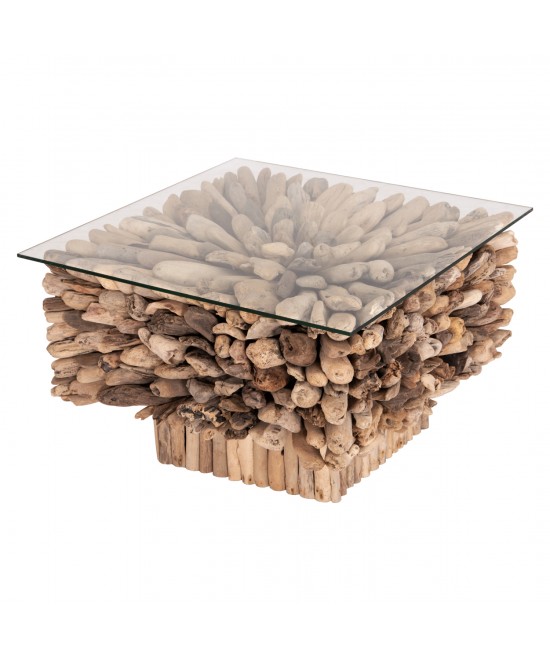 ΤΡΑΠΕΖΙ ΣΑΛΟΝΙΟΥ ΤΕΤΡΑΓΩΝΟ SPARROW HM9961 DRIFTWOOD--ΓΥΑΛΙ 75x75x51Υεκ.