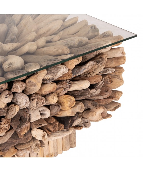 ΤΡΑΠΕΖΙ ΣΑΛΟΝΙΟΥ ΤΕΤΡΑΓΩΝΟ SPARROW HM9961 DRIFTWOOD--ΓΥΑΛΙ 75x75x51Υεκ.