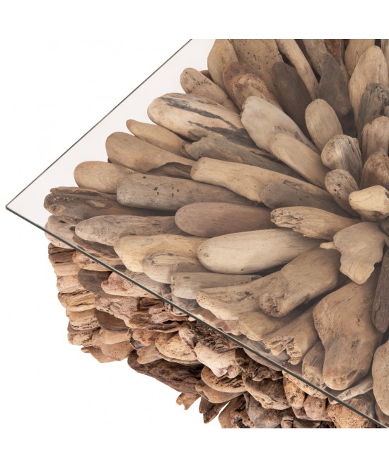 ΤΡΑΠΕΖΙ ΣΑΛΟΝΙΟΥ ΤΕΤΡΑΓΩΝΟ SPARROW HM9961 DRIFTWOOD--ΓΥΑΛΙ 75x75x51Υεκ.