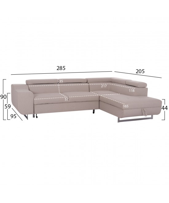 ΓΩΝΙΑΚΟΣ ΚΑΝΑΠΕΣ-ΚΡΕΒΑΤΙ ΜΕ ΑΠΟΘ.ΧΩΡΟ ENCORE HM3301.03R ΜΠΕΖ ΥΦΑΣΜΑ 285x205x90Υεκ.