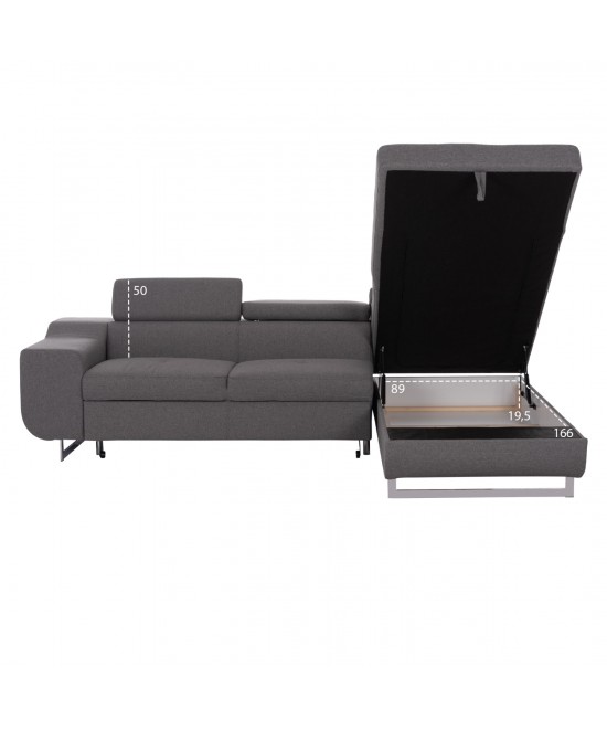 ΓΩΝΙΑΚΟΣ ΚΑΝΑΠΕΣ-ΚΡΕΒΑΤΙ ΜΕ ΑΠΟΘ.ΧΩΡΟ ENCORE HM3301.01R ΓΚΡΙ ΥΦΑΣΜΑ 285x205x90Υεκ.