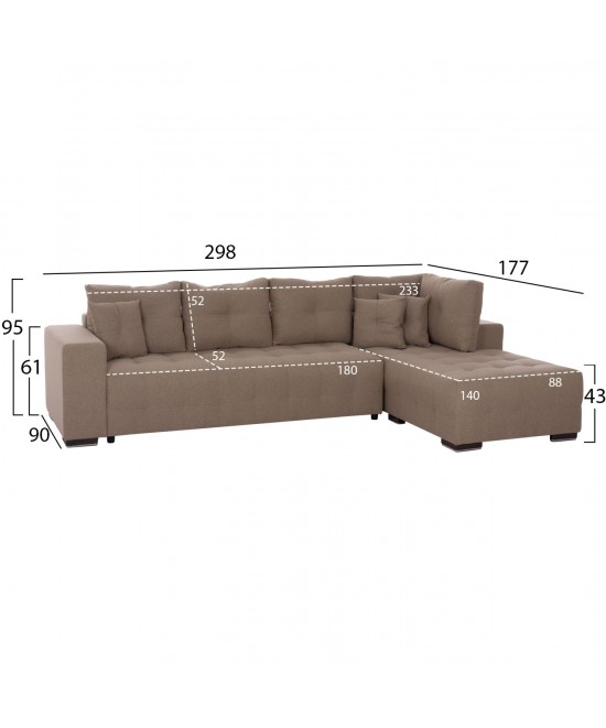 ΓΩΝΙΑΚΟΣ ΚΑΝΑΠΕΣ-ΚΡΕΒΑΤΙ ΜΕ ΑΠΟΘ.ΧΩΡΟ TRENDSTON HM3302.03R ΜΠΕΖ ΥΦΑΣΜΑ 298x177x95Υεκ