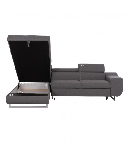 ΓΩΝΙΑΚΟΣ ΚΑΝΑΠΕΣ-ΚΡΕΒΑΤΙ ΜΕ ΑΠΟΘ.ΧΩΡΟ ENCORE HM3301.01L ΓΚΡΙ ΥΦΑΣΜΑ 285x205x90Υεκ.