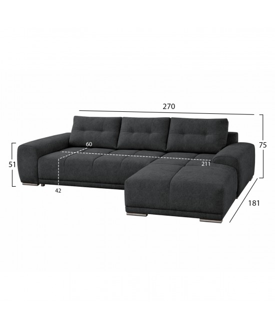 ΚΑΝΑΠΕΣ ΚΡΕΒΑΤΙ ΔΕΞΙΑ ΓΩΝΙΑ COMFYRA HM3336.01R ΓΚΡΙ ΥΦΑΣΜΑ 270x181x75Υεκ