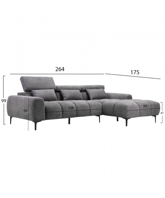 ΚΑΝΑΠΕΣ ΔΕΞΙΑ ΓΩΝΙΑ DIVYA HM3267.12R ΓΚΡΙ ΥΦΑΣΜΑ 260x100-174x104Υεκ.