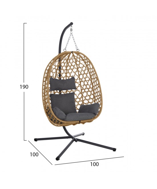 ΚΡΕΜΑΣΤΗ ΦΩΛΙΑ NESTA HM6468.05 ΜΑΥΡΟ ΜΕΤΑΛΛΟ--ΚΑΦΕ P.E.RATTAN 100x100x190Υεκ.