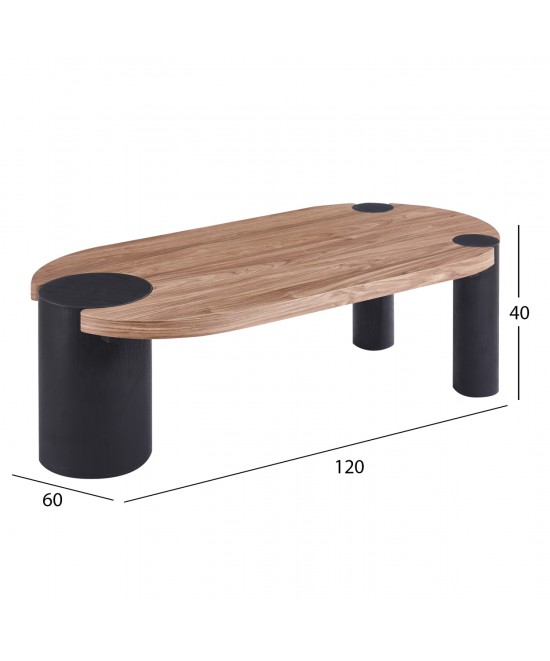ΤΡΑΠΕΖΙ ΣΑΛΟΝΙΟΥ ΟΒΑΛ OVALON HM18433.05 MDF TOP ΚΑΡΥΔΙ-MDF ΠΟΔΙΑ ΜΑΥΡΑ 120x60x40Υεκ