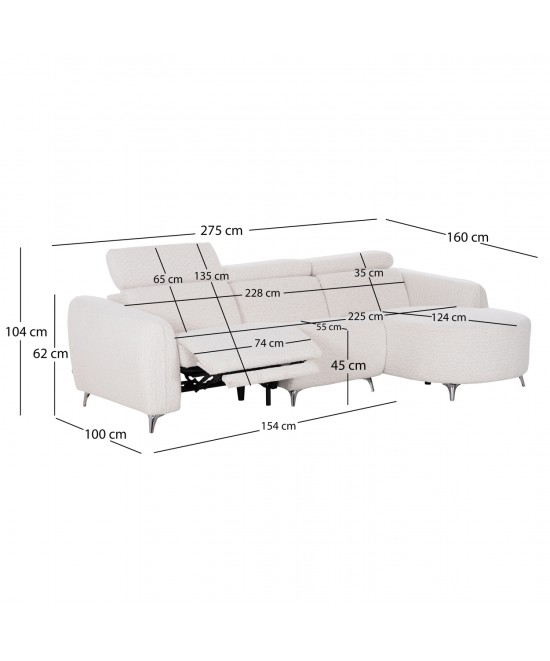 ΚΑΝΑΠΕΣ ΔΕΞΙΑ ΓΩΝΙΑ 3Θ ΜΕ RECLINE VALENTE HM3317.02R ΜΠΕΖ ΥΦΑΣΜΑ 275x160x104Yεκ