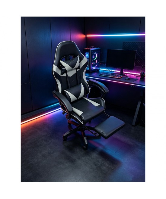 A9937 ΜΑΥΡΟ/ΓΚΡΙ PVC ΠΟΛΥΘΡΟΝΑ GAMING/ΜΕ ΥΠΟΠΟΔΙΟ 64X59X43-112/53-125εκ.