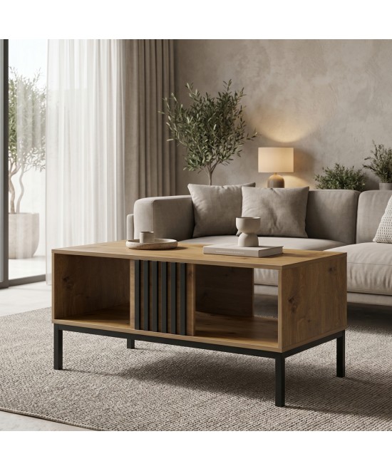 Τραπέζι σαλονιού Delanka pakoworld oak-μαύρο 92x50x46εκ Τραπέζι σαλονιού Delanka pakoworld oak-μαύρο 92x50x46εκ