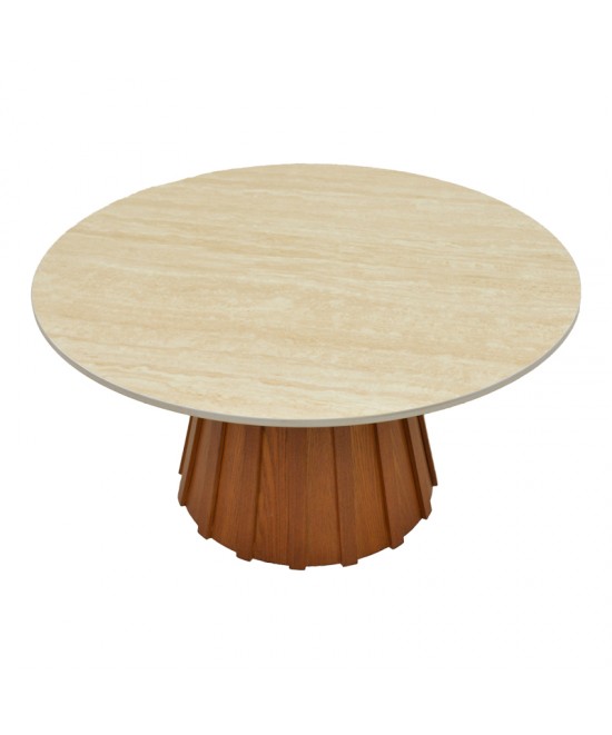 Τραπέζι σαλονιού Franzel pakoworld sintered stone σε όψη τραβερτίνας-mdf σε καρυδι Φ80x40εκ