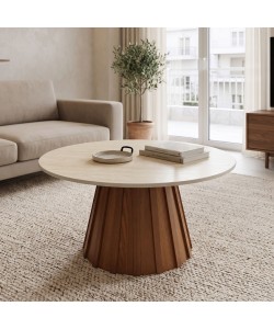 Τραπέζι σαλονιού Franzel pakoworld sintered stone σε όψη τραβερτίνας-mdf σε καρυδι Φ80x40εκ