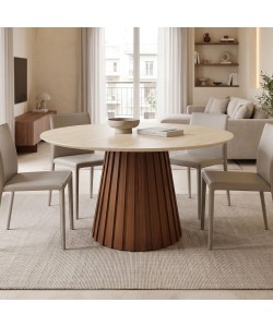 Τραπέζι Franzel pakoworld sintered stone σε όψη τραβερτίνας-mdf καρυδί Φ120x75εκ