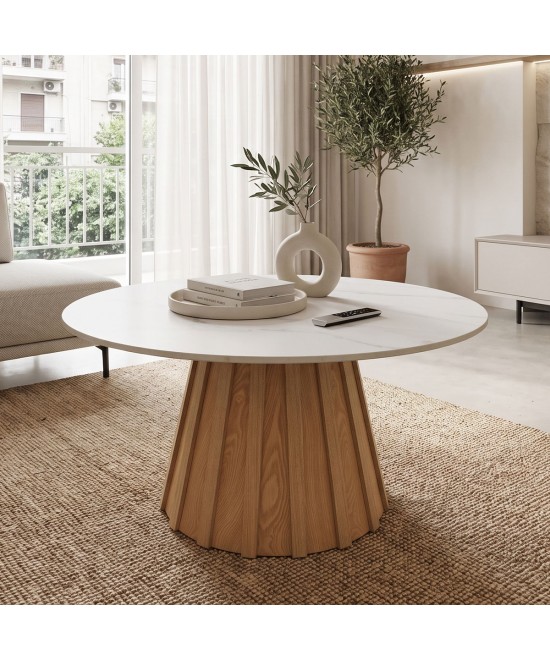 Τραπέζι σαλονιού Franzel pakoworld sintered stone σε όψη μαρμάρου-mdf σε φυσική απόχρωση Φ80x40εκ