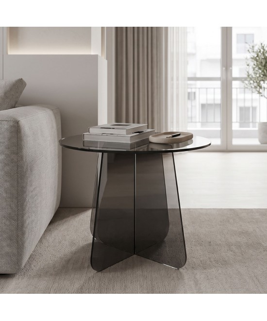 Τραπέζι βοηθητικό Cleary pakoworld tempered 8mm γυαλί ανθρακί Φ50x45εκ