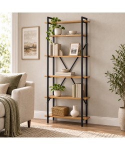 Βιβλιοθήκη Derena pakoworld oak με μαύρο μέταλλο 60x29x160εκ